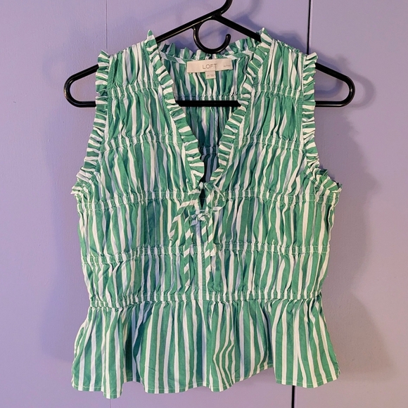 Loft Green And White Striped Cotton Peplum Top With Bow Ties And Ruffles - Picture 3 of 8
